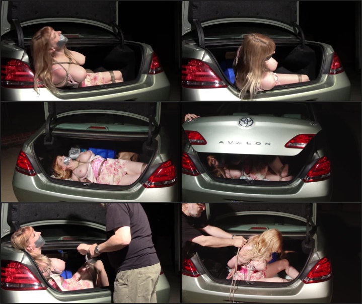 Bondaged girl in a car trunk