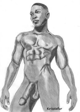 Nude black man drawing