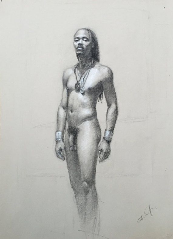 Nude black man drawing