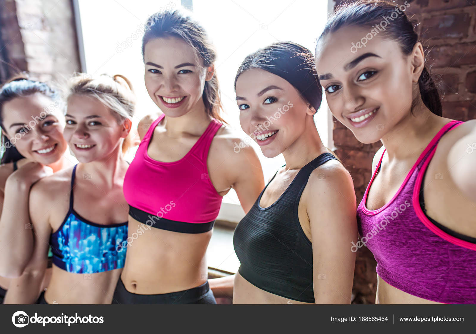 Group young teen girls in bras