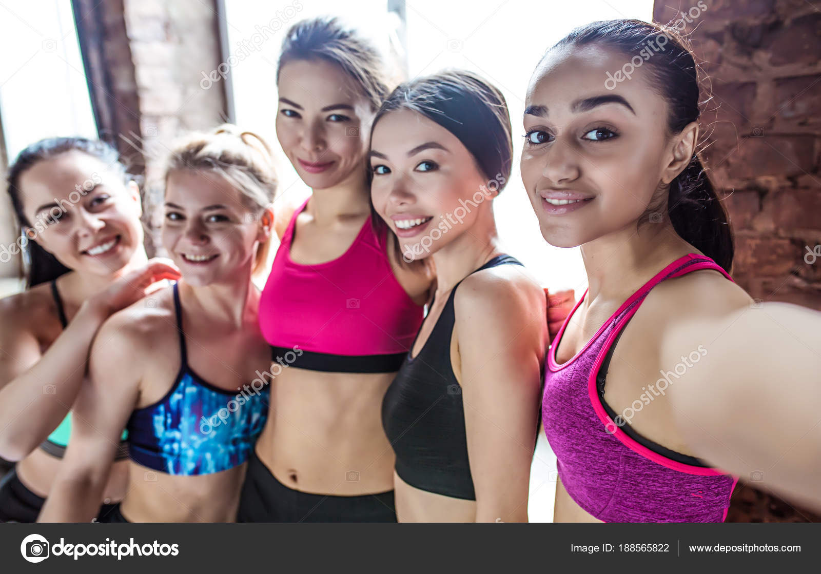 Group young teen girls in bras