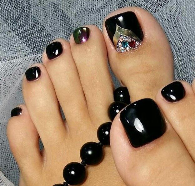 Black pedicure sexy long toes