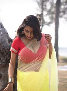 Sexy boob with transparent sari